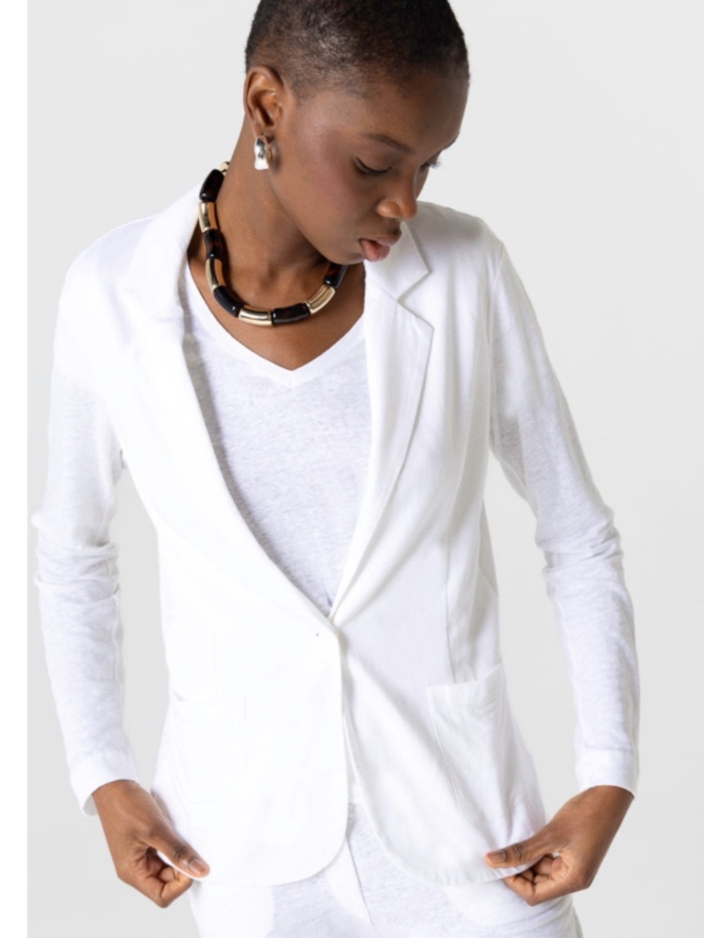 Majestic Filatures White Long-Sleeves Blazer Jacket in Stretch Linen Large